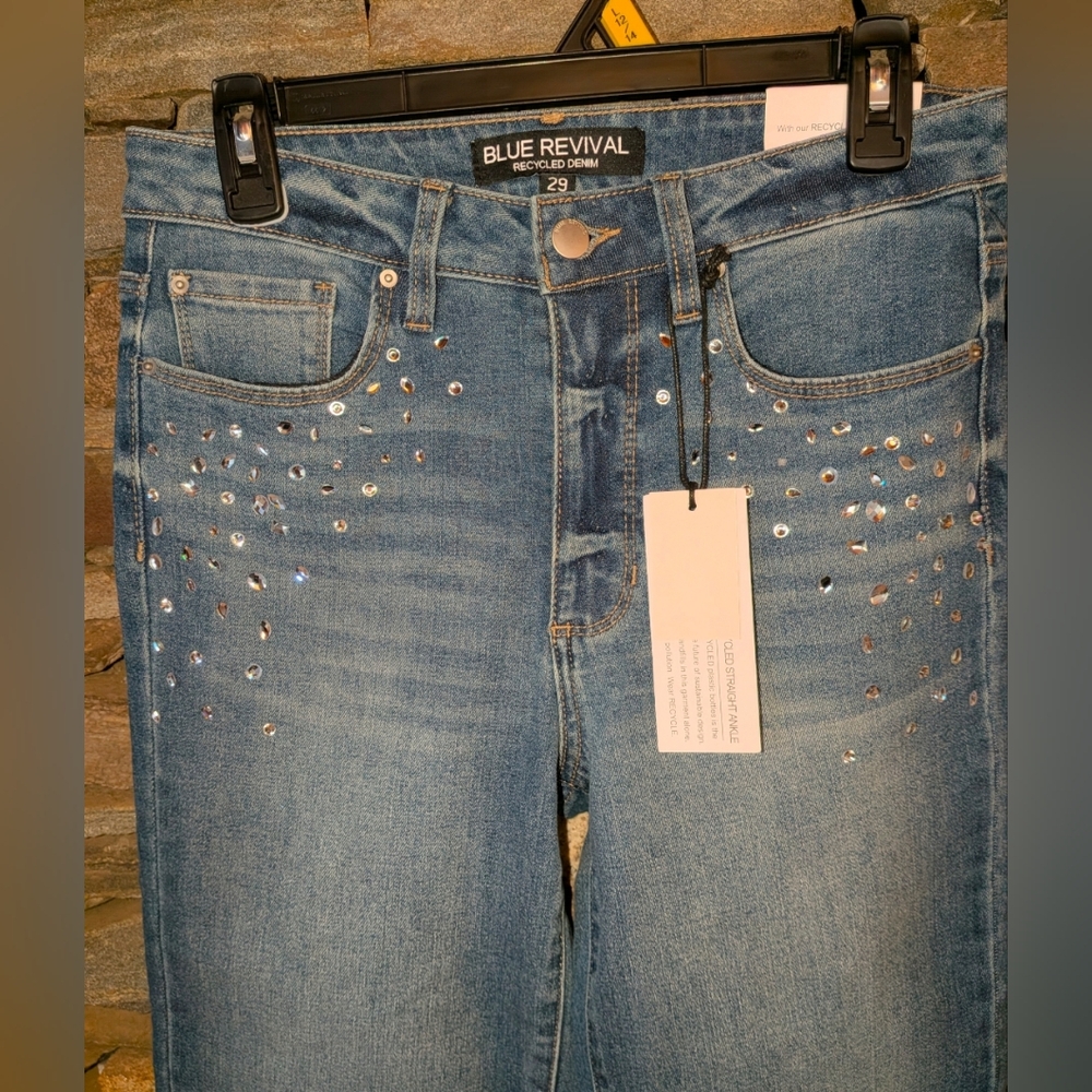 Blue Revival NWT Recycled Denim jeans Size 29 Rhinestone Straight Ankle - Picture 3 of 9